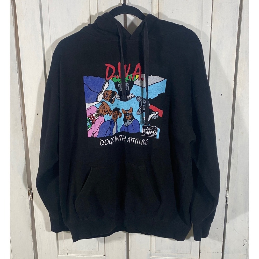 D.W.A Dogs with Attitude Hoodie Black Graphic Sweatshirt Streetwear Size Large